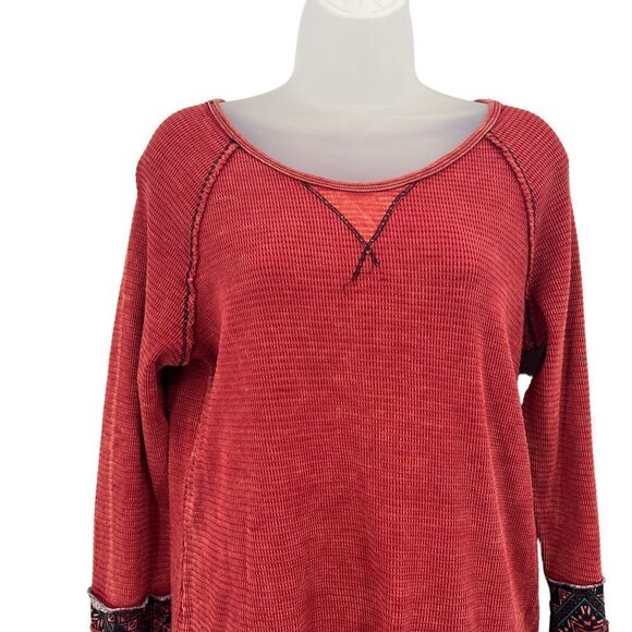 Soft Surroundings Women's Waffle Knit Patchwork Thermal Cuff Top Red XS Boho - Picture 2 of 13